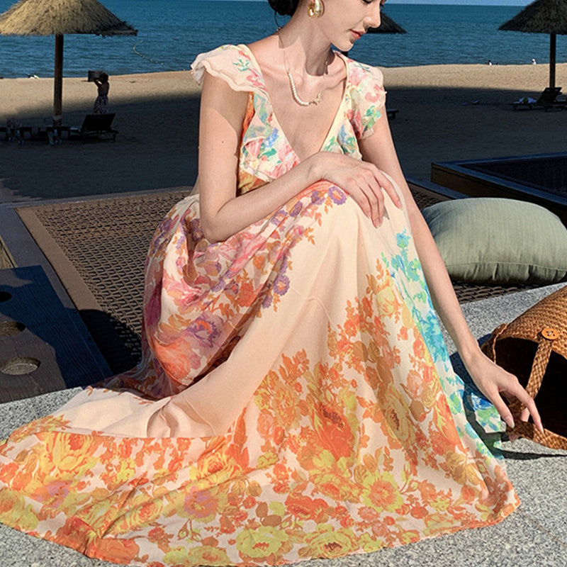 Women's V-neck Ruffle Sleeve, Maxi Long Dress, Summer Romantic French-Style Floral Print Bow-knot Backless Design Style