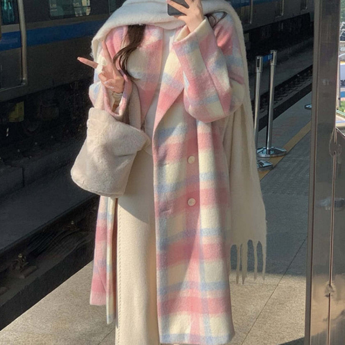 Exquisite Women's Long Coat Crafted from Vibrant Rainbow Wool