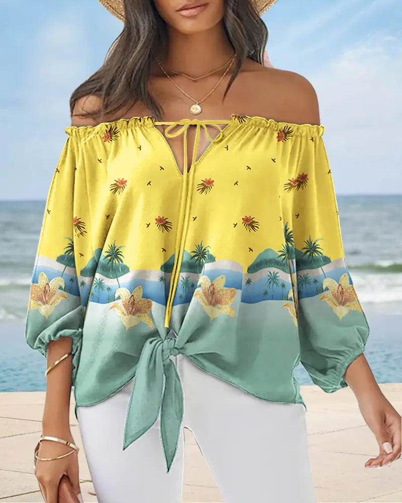 Lady Printed Off Shoulder /Vintage Womens Blouse / Chiffon clothing / Long Sleeve Pullover Tops