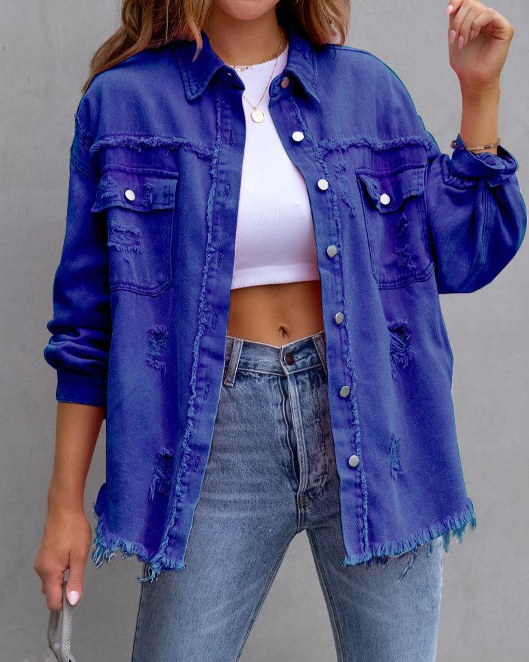 Women's Casual Tops: Autumn and Spring Fashion Shirt Jacket with Ripped Design