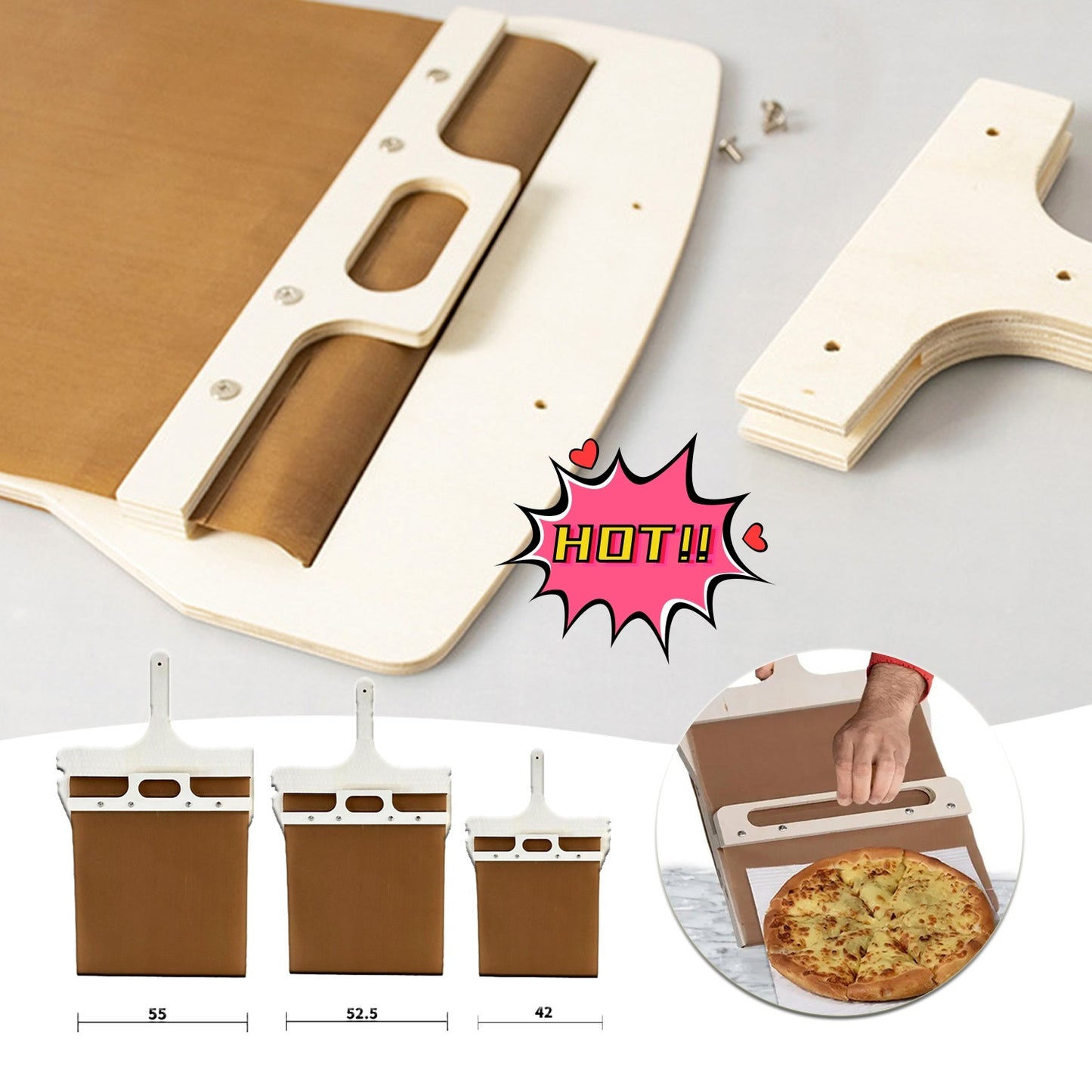 Kitchen Three sizes of sliding pizza peel shovels with wooden handles, designed for easy pizza transfer and storage.