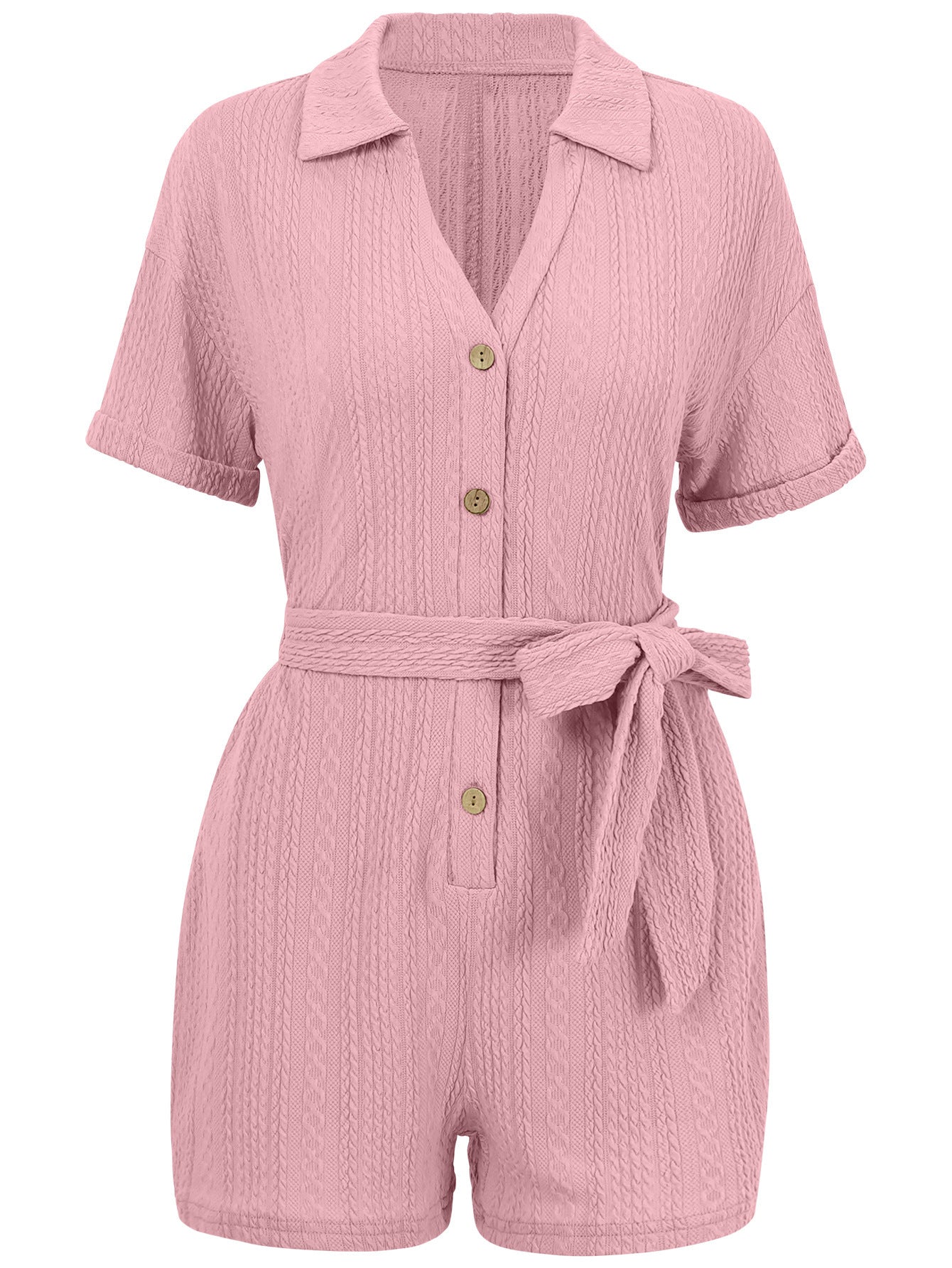 Pastel Short-sleeved /Jumpsuit Lace-up Turn-down Collar Solid Clothing
