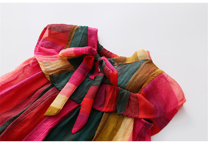 Striped Shirt Dress with Vibrant Flounced Sleeves and Bow Detail