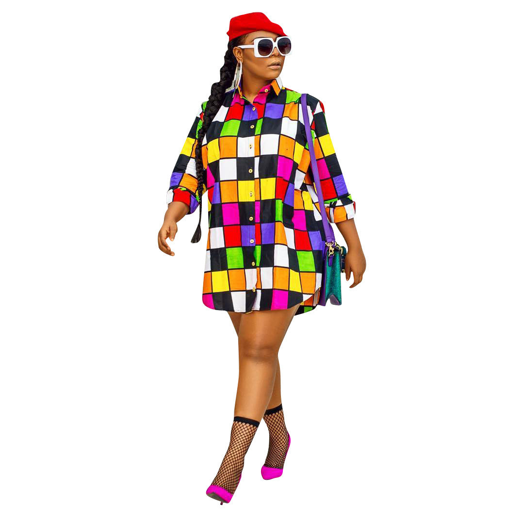 Casual Loose Sun Dress with Vibrant Checkered Midi Pattern