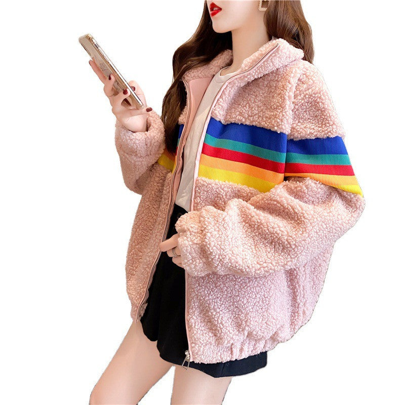 Rainbow Lamb Wool Coat: Cozy Short Plush Fleece Outerwear