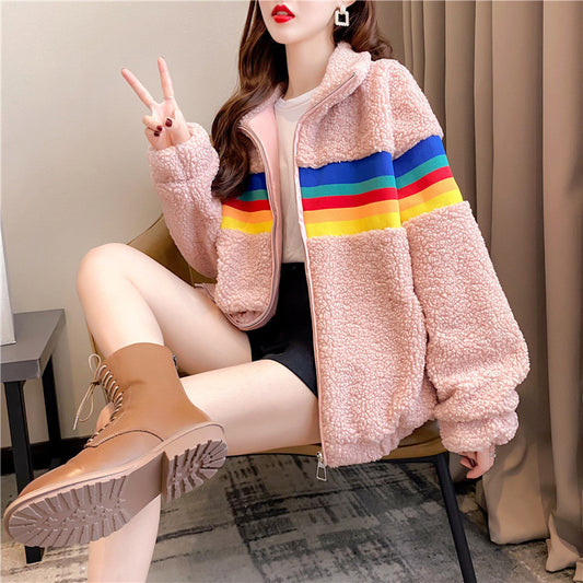 Rainbow Lamb Wool Coat: Cozy Short Plush Fleece Outerwear