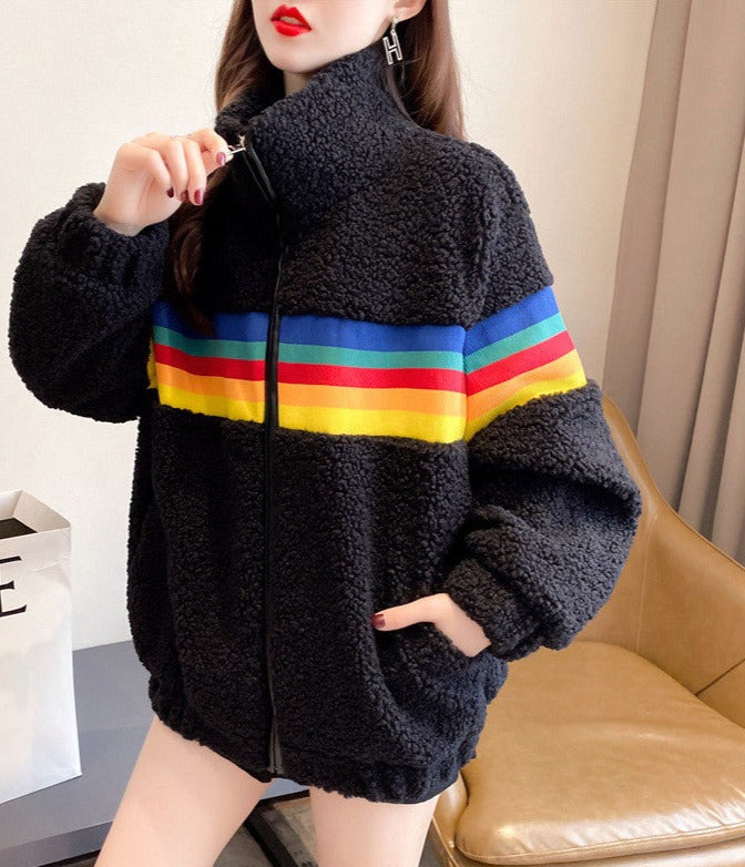 Rainbow Lamb Wool Coat: Cozy Short Plush Fleece Outerwear