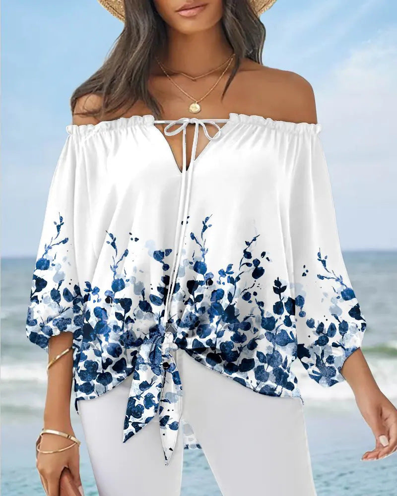 Lady Printed Off Shoulder /Vintage Womens Blouse / Chiffon clothing / Long Sleeve Pullover Tops