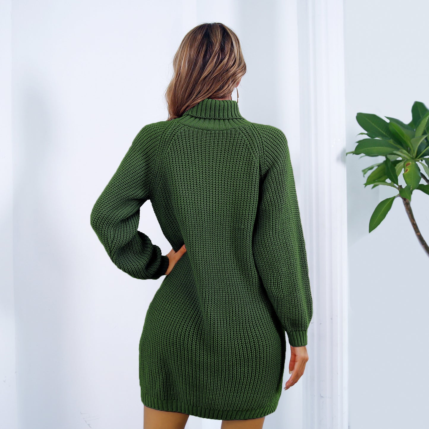 Winter Turtleneck Long Sweater Dress: Chic Button Design, Leisurely Clinched Sleeves, Women's Base Sweater