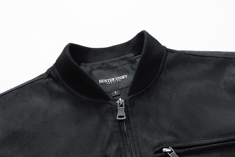 Men's Suede Stand Collar /Jacket Double Zipper Pocket Clothing