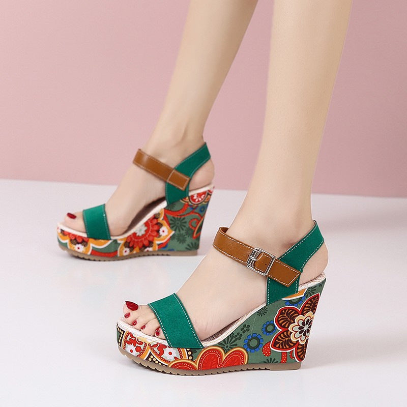 Womens Embroidered High Wedge Sandals