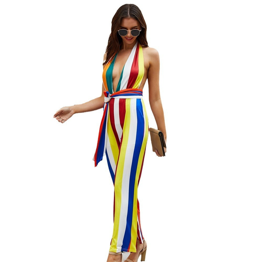 Women's Plunging V-Neck Striped Jumpsuit