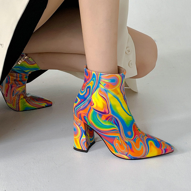 Women's Coloured Abstract Martin Boots -Leather (Pointy)