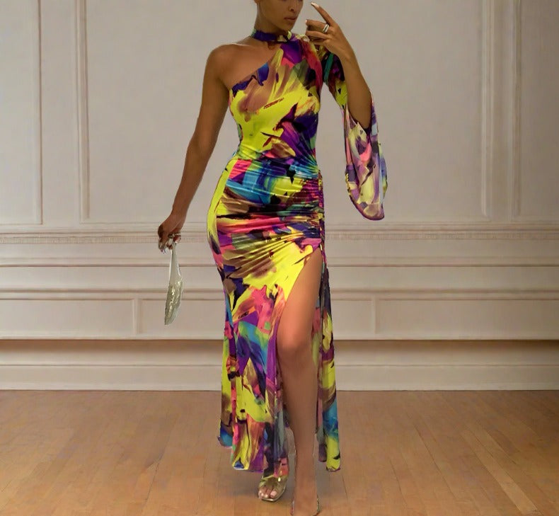 Long Skirt with Abstract Split Design with Vibrant Printed Pattern