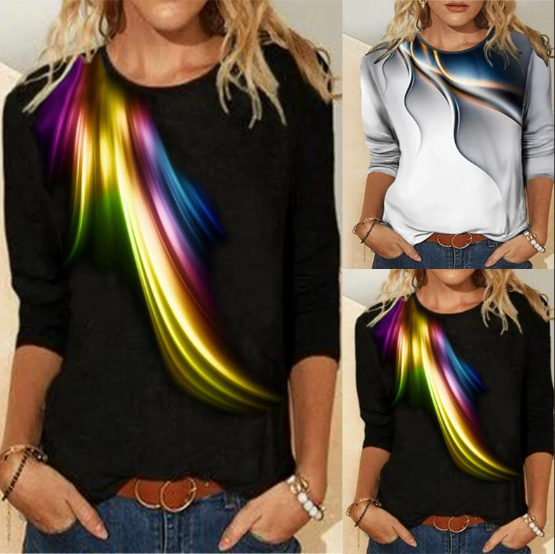 Women's Casual Gradient Printed Round Neck Long Sleeve T-shirt
