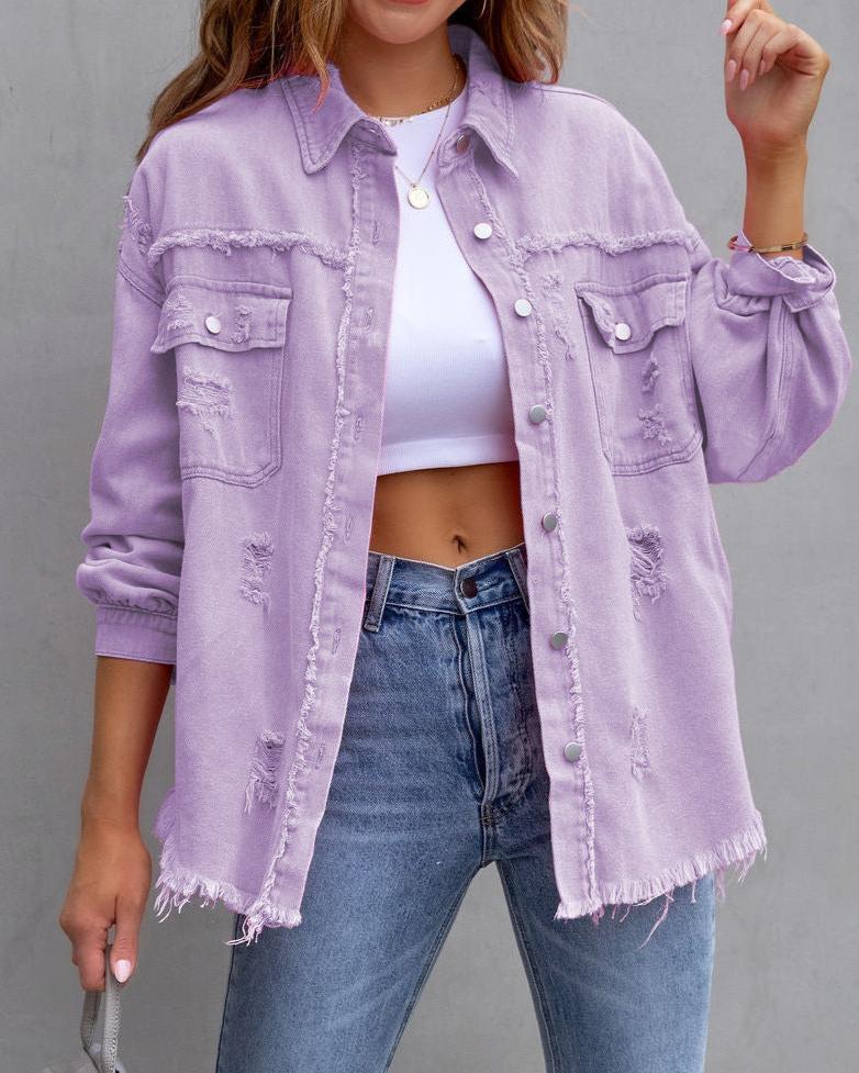 Women's Casual Tops: Autumn and Spring Fashion Shirt Jacket with Ripped Design