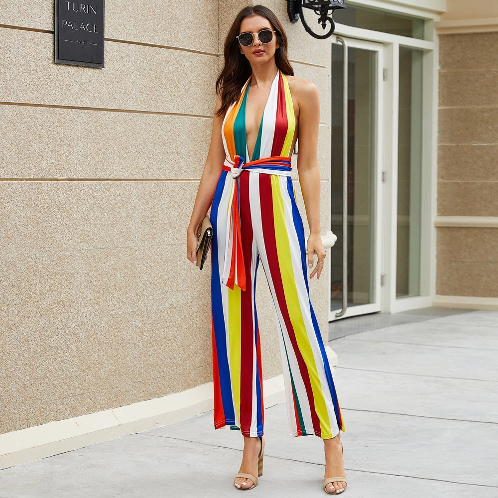 Women's Plunging V-Neck Striped Jumpsuit