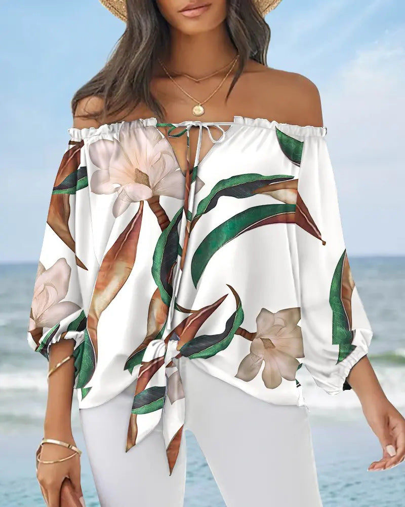 Lady Printed Off Shoulder /Vintage Womens Blouse / Chiffon clothing / Long Sleeve Pullover Tops