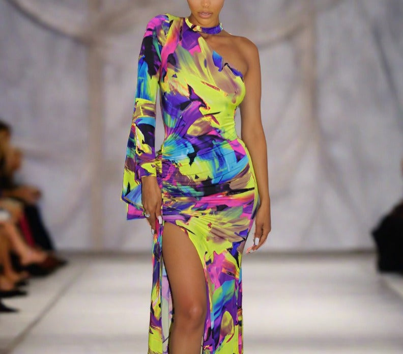 Long Skirt with Abstract Split Design with Vibrant Printed Pattern