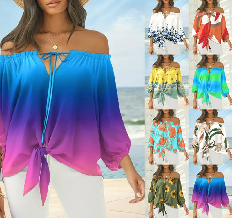 Lady Printed Off Shoulder /Vintage Womens Blouse / Chiffon clothing / Long Sleeve Pullover Tops