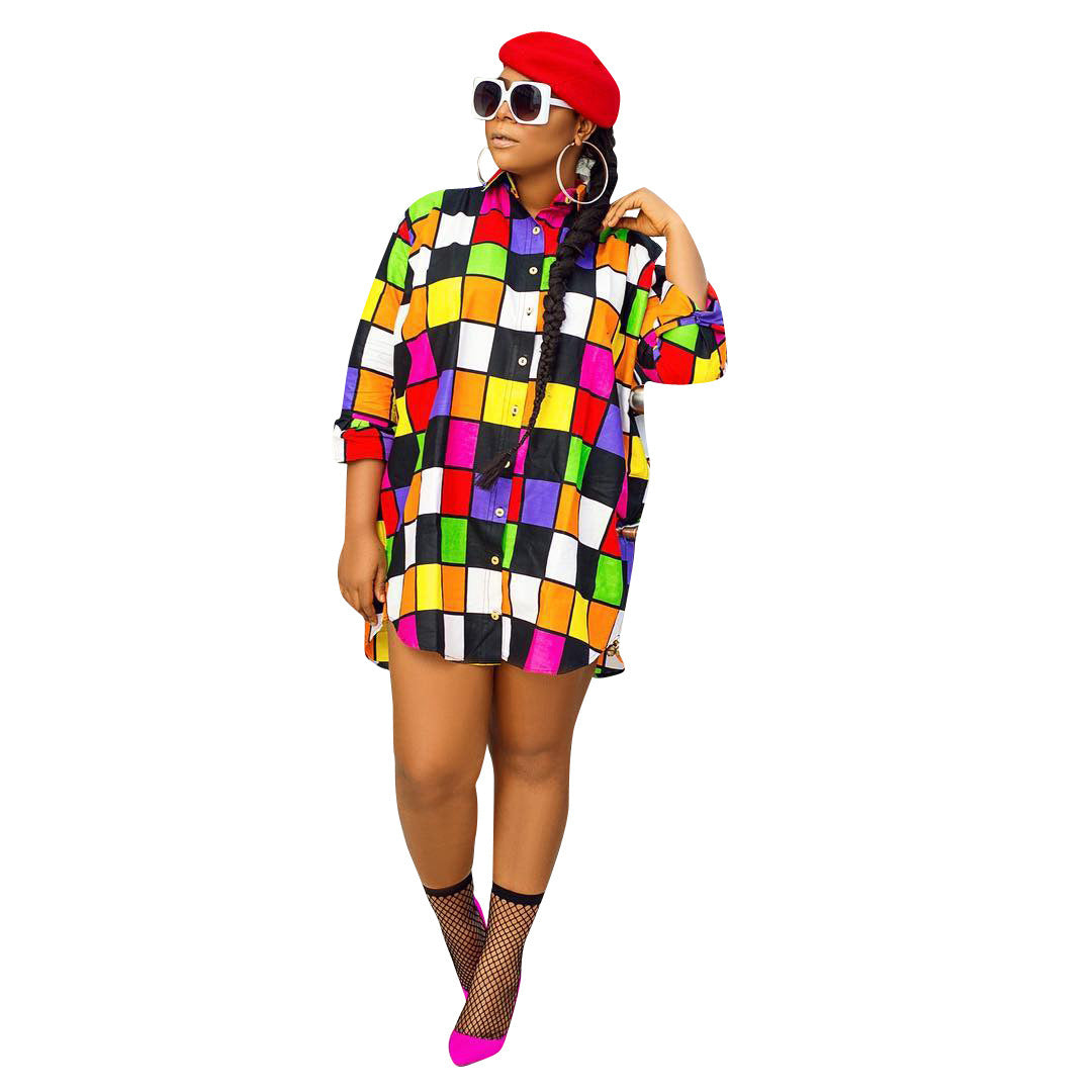 Casual Loose Sun Dress with Vibrant Checkered Midi Pattern