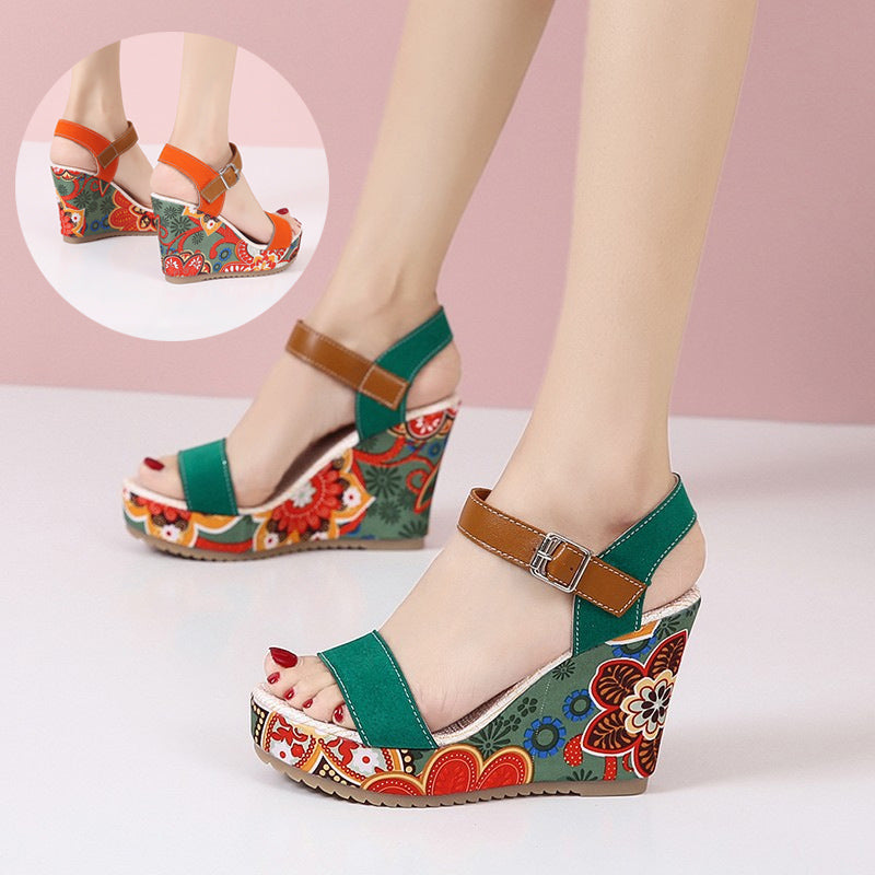 Womens Embroidered High Wedge Sandals