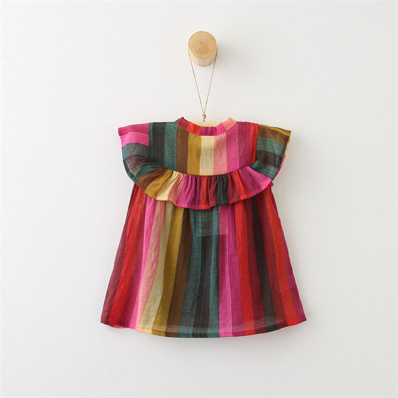 Striped Shirt Dress with Vibrant Flounced Sleeves and Bow Detail