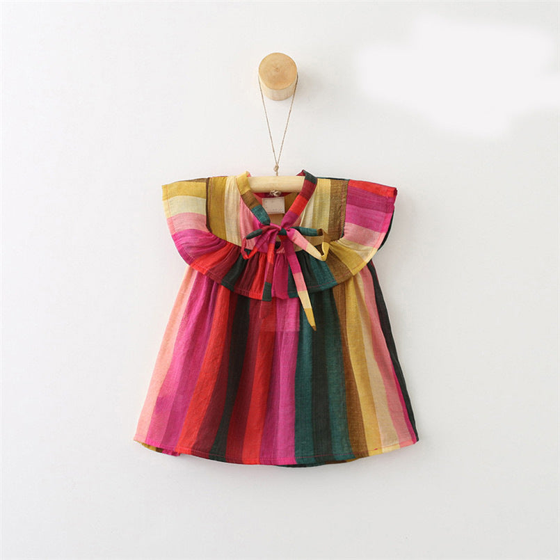 Striped Shirt Dress with Vibrant Flounced Sleeves and Bow Detail