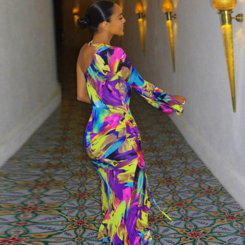 Long Skirt with Abstract Split Design with Vibrant Printed Pattern