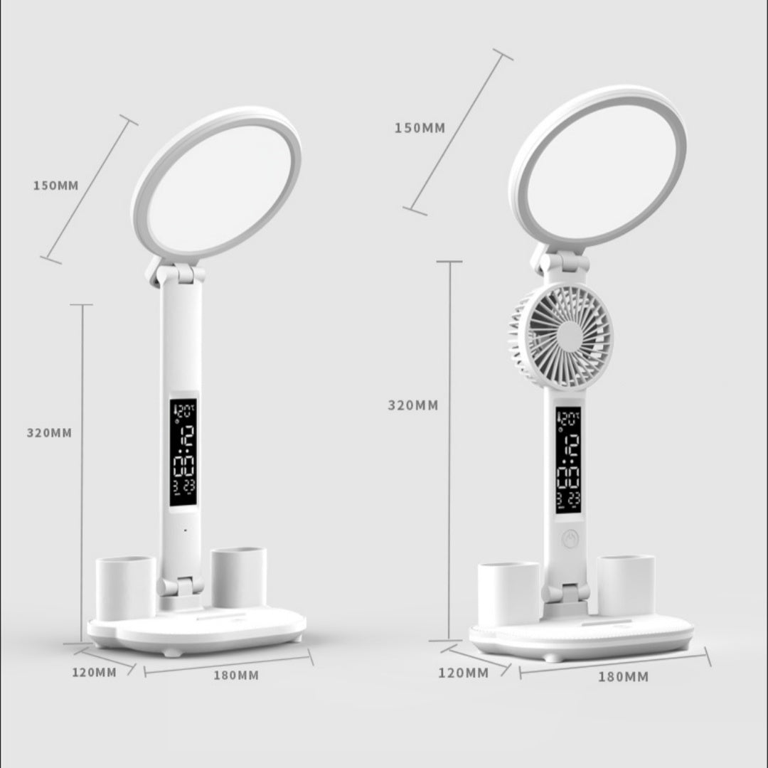 Multi-Functional Plug-in Fan/LED Clock /Table Dimmable Lamp /USB Chargeable /Light Foldable