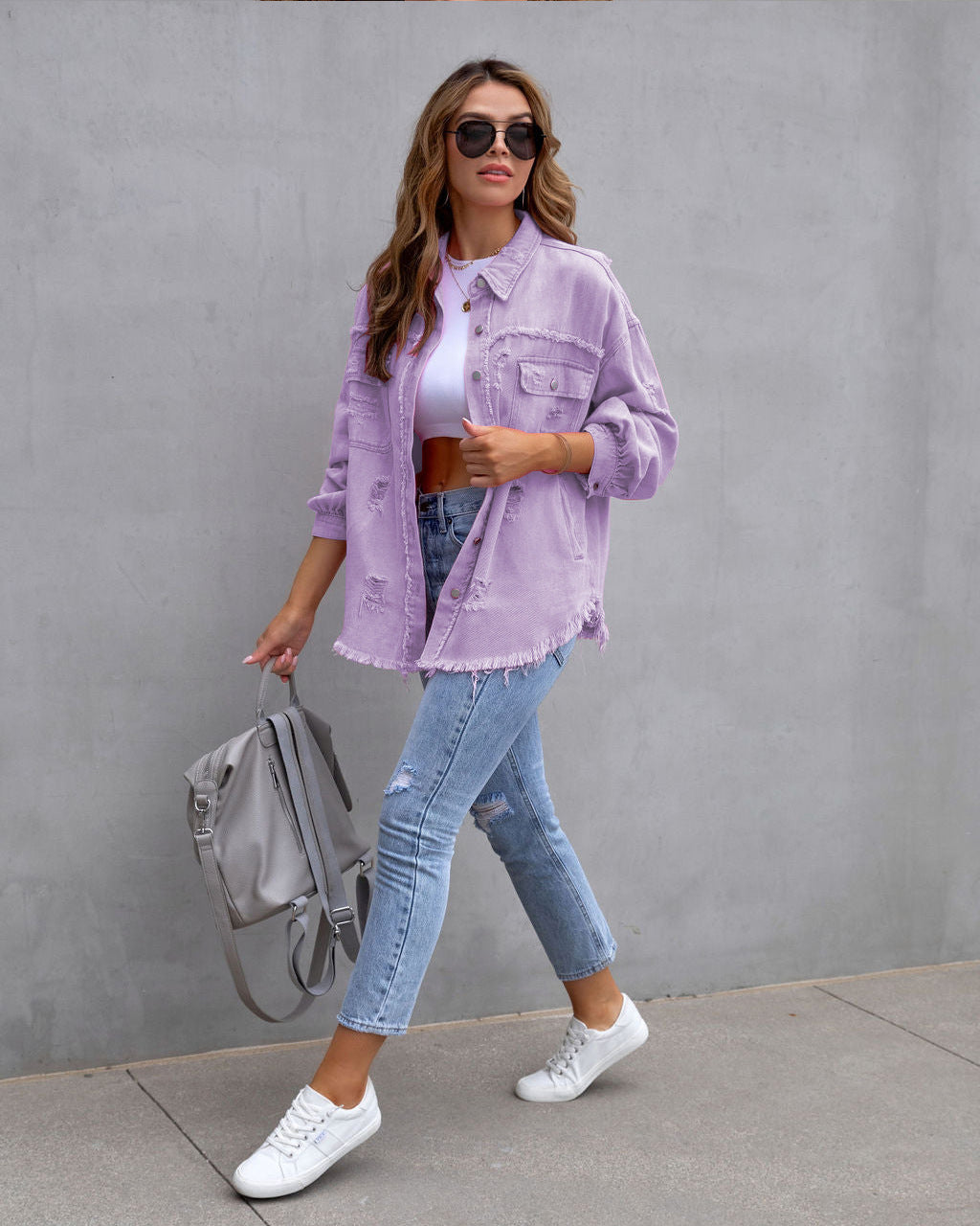 Women's Casual Tops: Autumn and Spring Fashion Shirt Jacket with Ripped Design