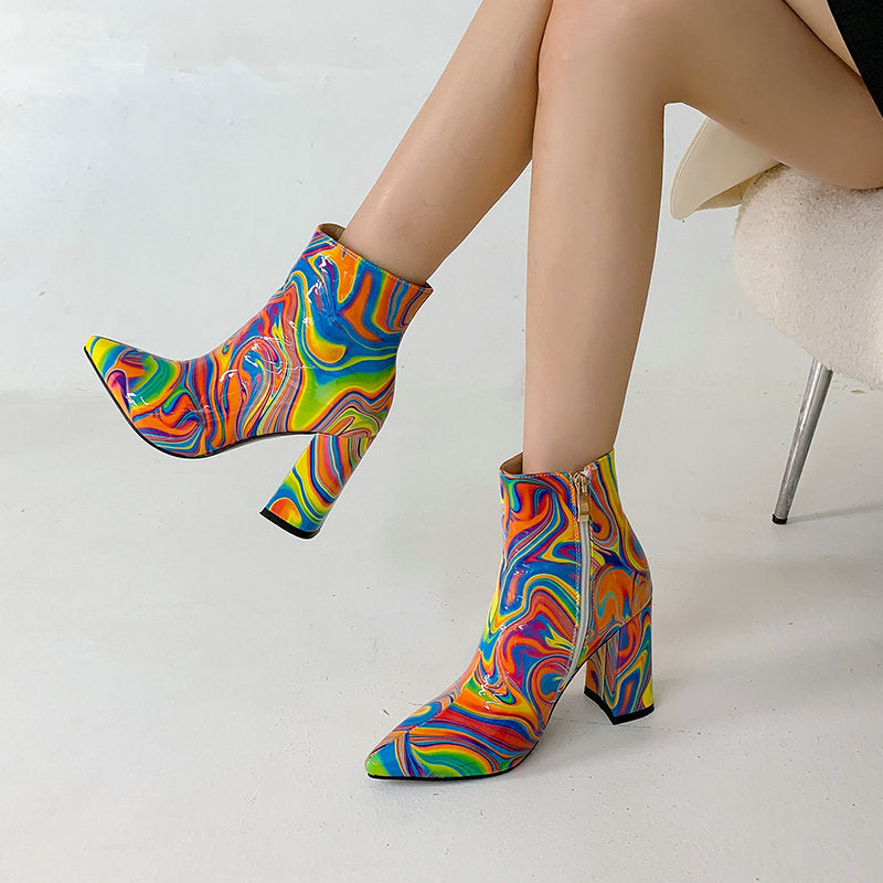 Women's Coloured Abstract Martin Boots -Leather (Pointy)