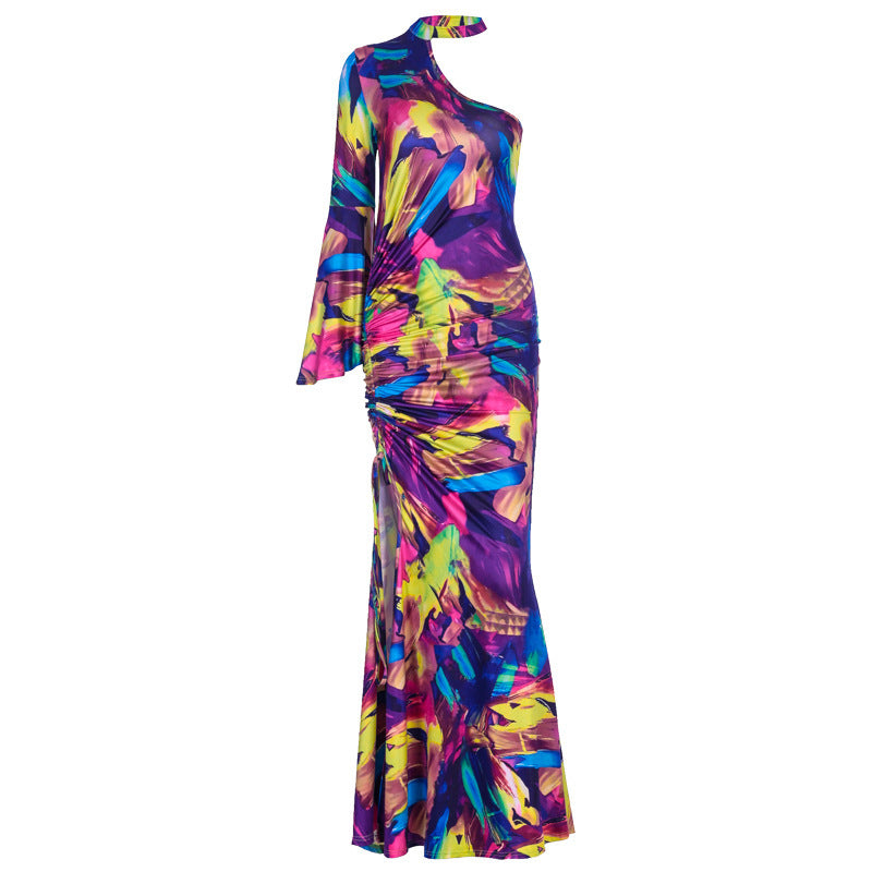 Long Skirt with Abstract Split Design with Vibrant Printed Pattern