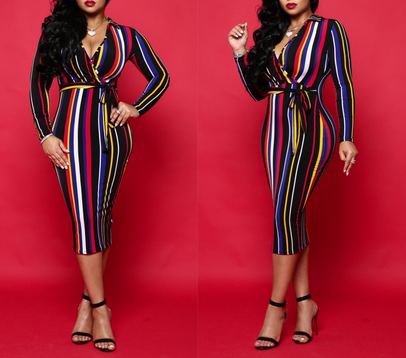 Elegant Office Ensemble: Women's Stylish V-Neck Striped Dress with Long Sleeves