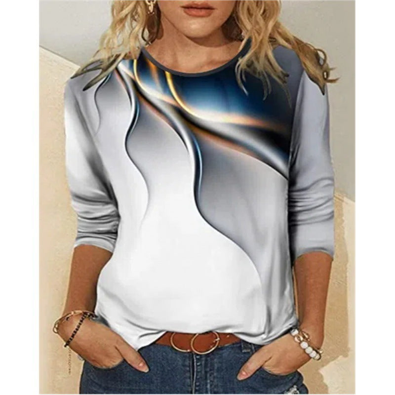 Women's Casual Gradient Printed Round Neck Long Sleeve T-shirt