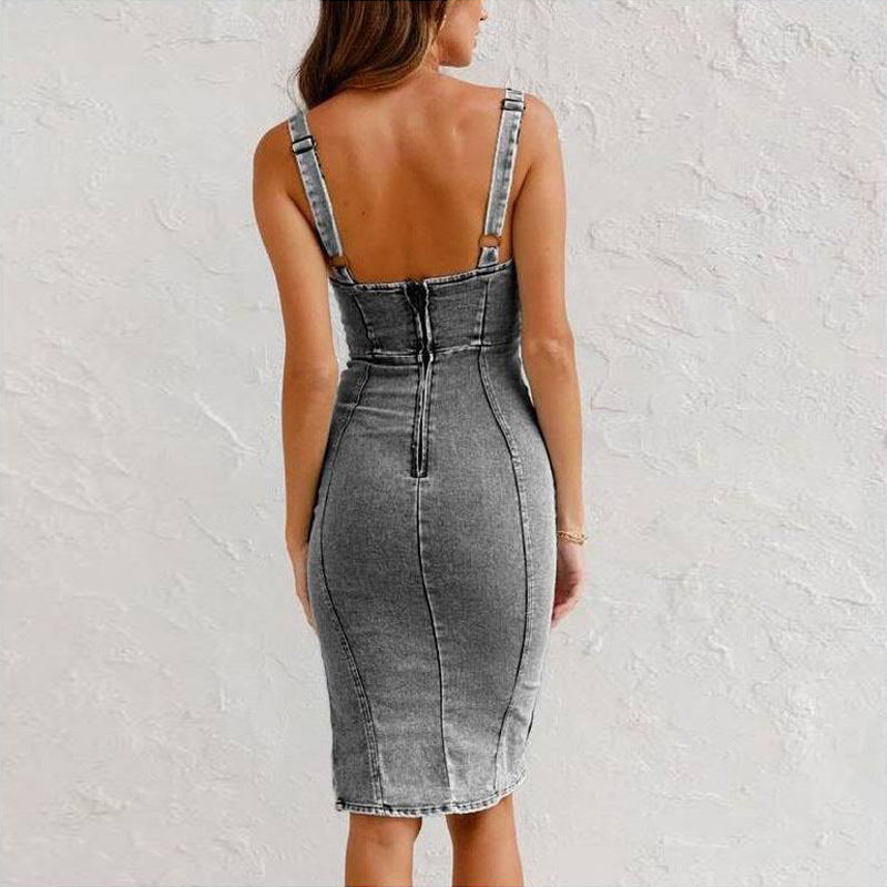 Chic Summer Denim Dress: Slim Fit, U-Neck, Slit Design
