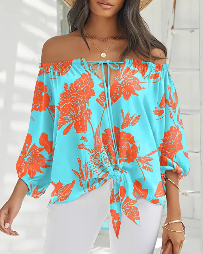 Lady Printed Off Shoulder /Vintage Womens Blouse / Chiffon clothing / Long Sleeve Pullover Tops