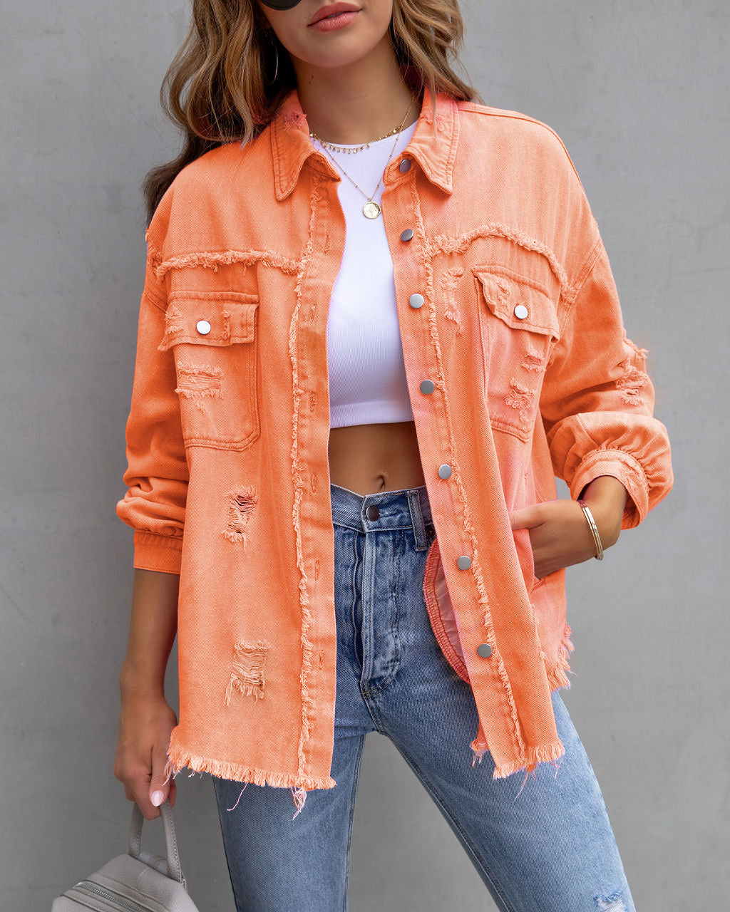 Women's Casual Tops: Autumn and Spring Fashion Shirt Jacket with Ripped Design
