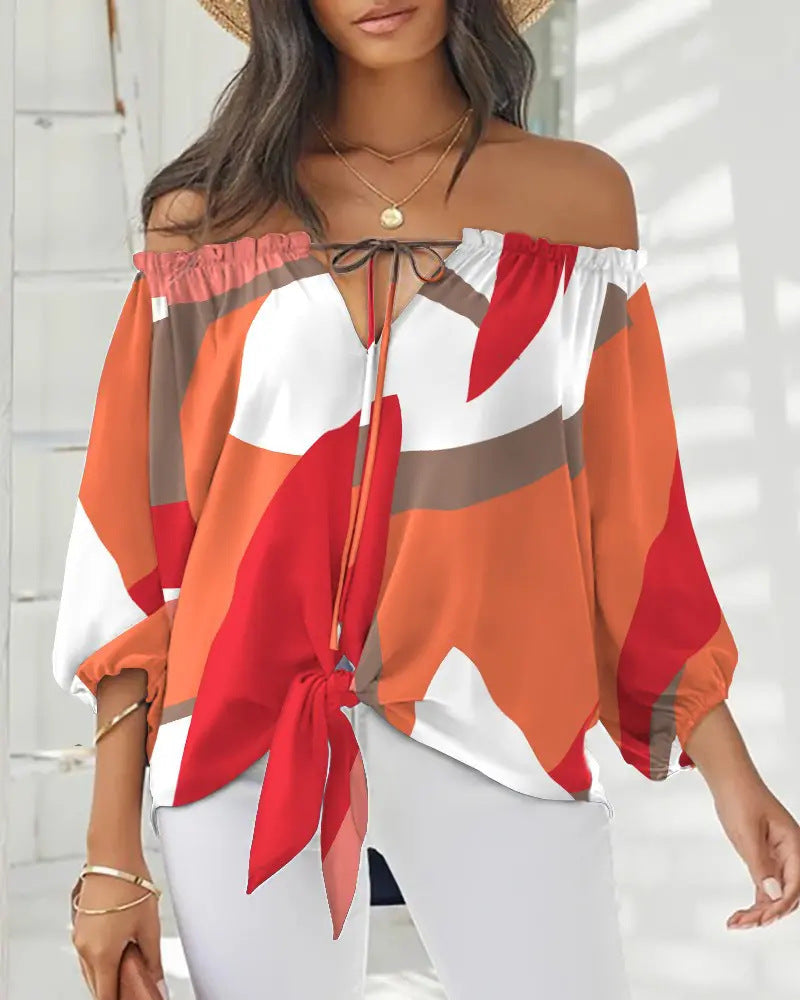 Lady Printed Off Shoulder /Vintage Womens Blouse / Chiffon clothing / Long Sleeve Pullover Tops