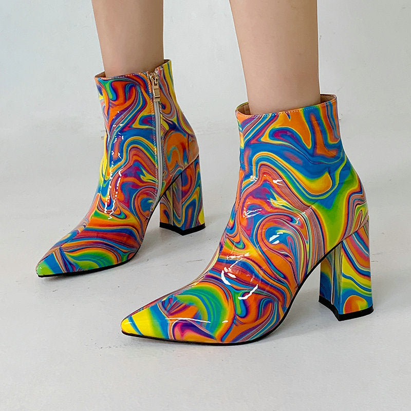 Women's Coloured Abstract Martin Boots -Leather (Pointy)