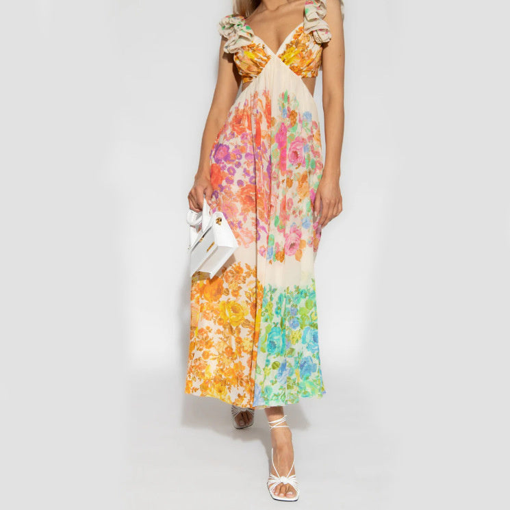 Women's V-neck Ruffle Sleeve, Maxi Long Dress, Summer Romantic French-Style Floral Print Bow-knot Backless Design Style