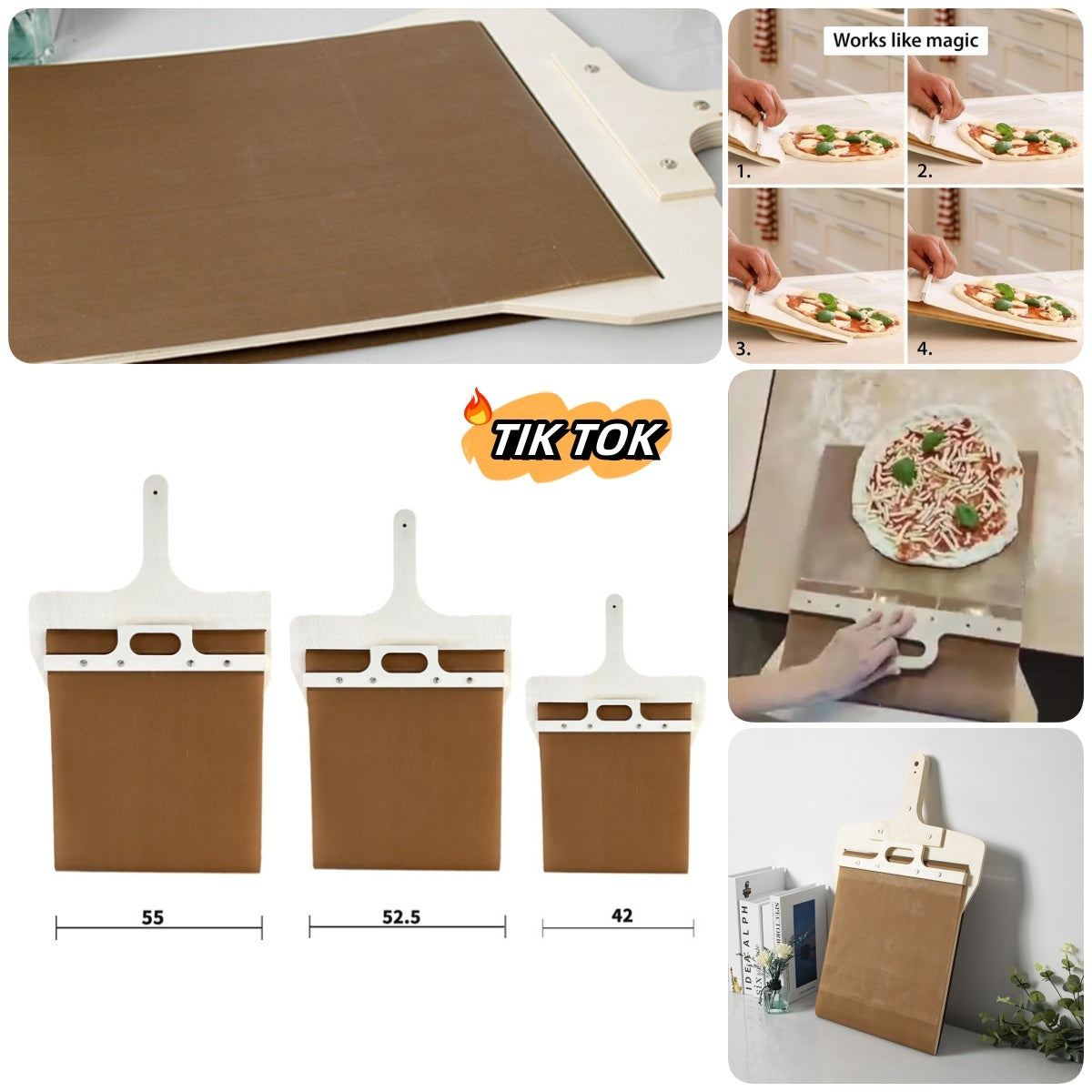 Kitchen Three sizes of sliding pizza peel shovels with wooden handles, designed for easy pizza transfer and storage.