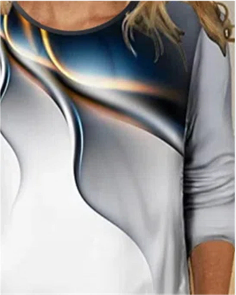 Women's Casual Gradient Printed Round Neck Long Sleeve T-shirt
