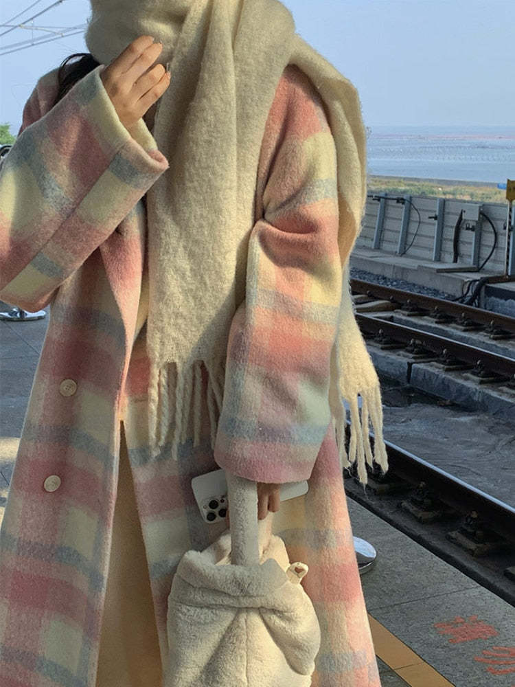 Exquisite Women's Long Coat Crafted from Vibrant Rainbow Wool