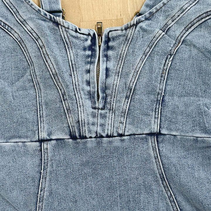 Chic Summer Denim Dress: Slim Fit, U-Neck, Slit Design