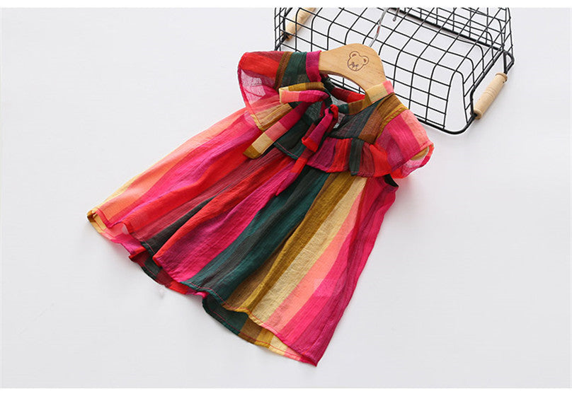 Striped Shirt Dress with Vibrant Flounced Sleeves and Bow Detail