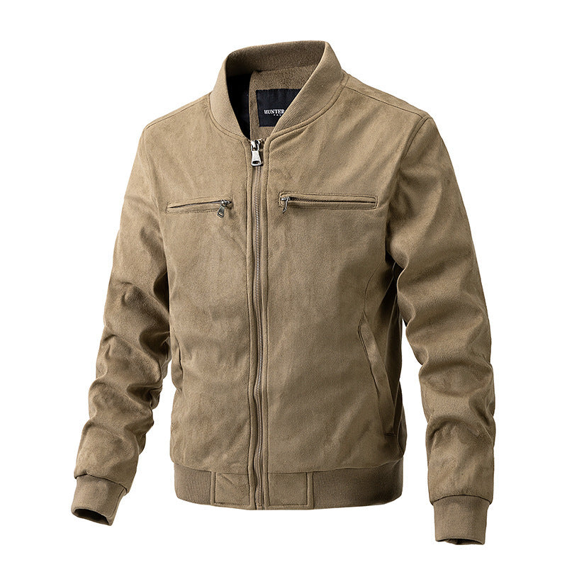 Men's Suede Stand Collar /Jacket Double Zipper Pocket Clothing