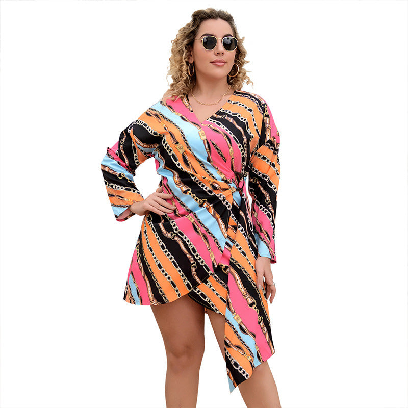 Flowy Plus Size Midi Dress with Long Sleeves and Abstract Colorful Print