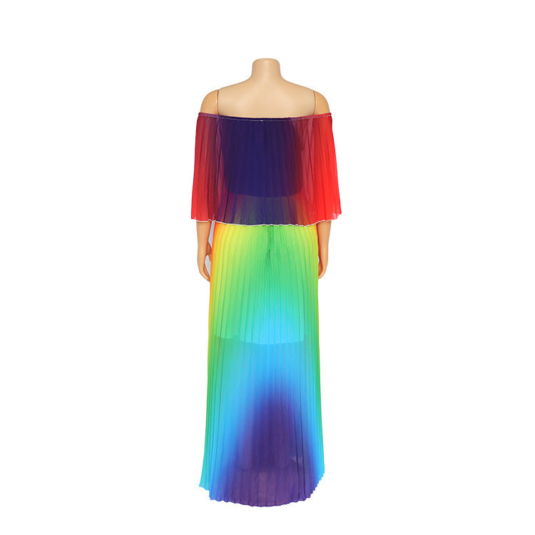 Women's Rainbow Coloured Off-shoulder Chiffon / Pleated Dress