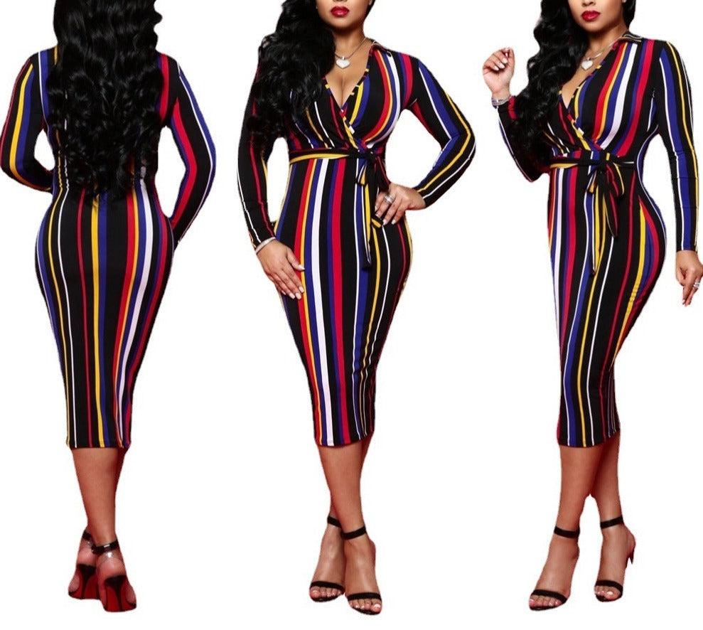 Elegant Office Ensemble: Women's Stylish V-Neck Striped Dress with Long Sleeves